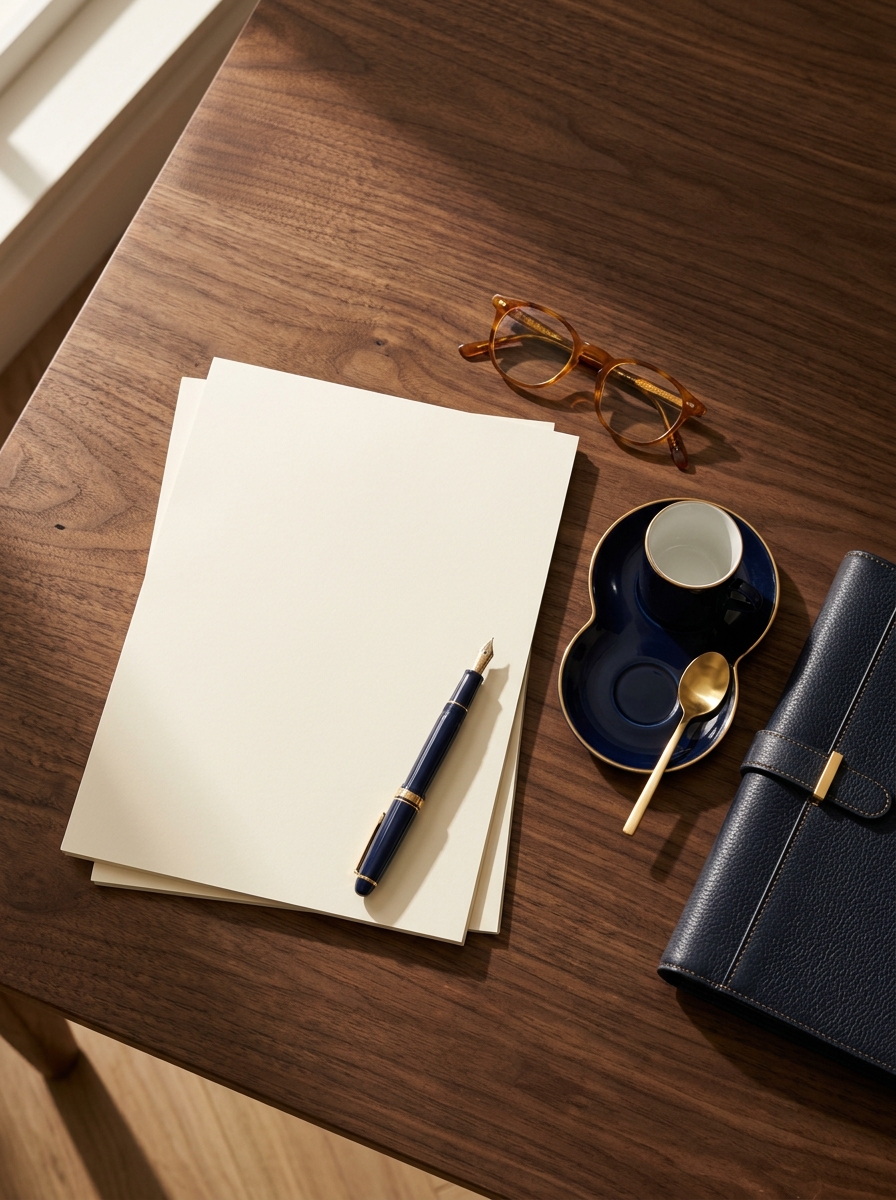 Mesa de trabajo con documento y pluma