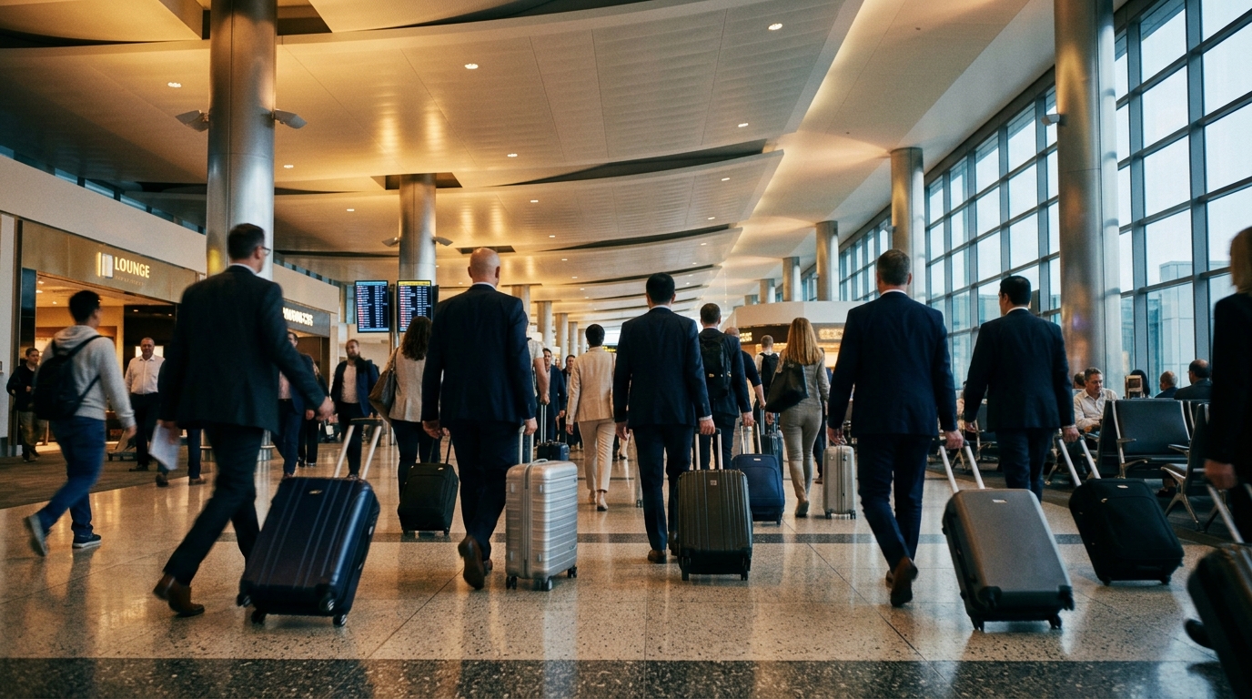 Terminal de aeropuerto llena de viajeros con maletas