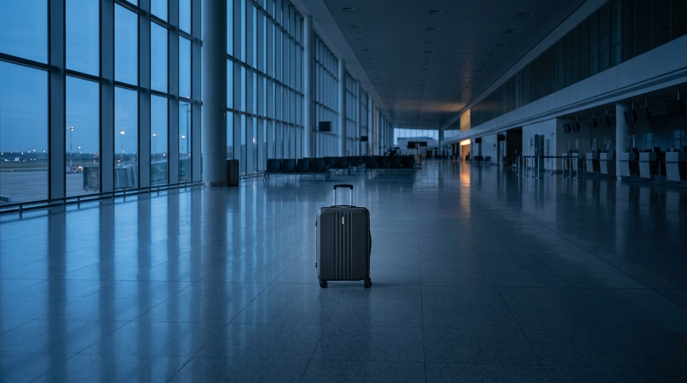 Maleta D'Camila sola en una terminal vac&iacute;a